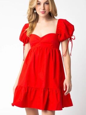 Red Puff-Sleeve Mini Dress - Olivaceous